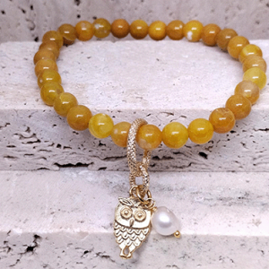 Honey Agate Bracelet with Freshwater Pearl & Owl Charms