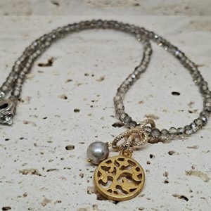 Crystal Necklace with Fresh Water Pearl & Tree of Life Charm