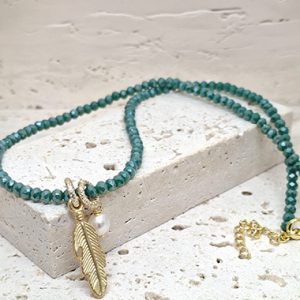 Crystal Necklace with Fresh Water Pearl & Feather Charm