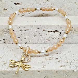 Peach Crystals & Fresh Water Pearl Bracelet with Dragonfly Charm